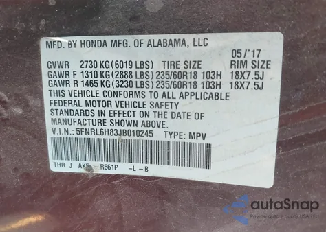 2018 Honda Odyssey Touring from USA, damaged, VIN 5FNRL6H83JB010245